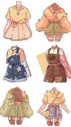 four children's clothes are shown in different styles and colors, including one with an apron