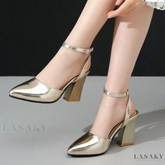 Lasaky - Stylish High Heel Sandals with Chunky Heels - Elegant and Trendy Womens Footwear Gold Pointed Toe Block Heels For Party, Trendy Gold Block Heels For Party, Gold Closed Toe Block Heels, Comfortable High Heels, Ankle Strap Chunky Heels, Pregnancy Shoes, Womens Sandals Summer, Chunky High Heels, Chunky Heels Sandals