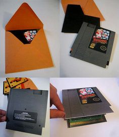 four different views of an envelope made out of computer parts and paper, with instructions to make it