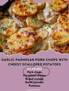 🧀🍖 Elevate your dinner with Garlic Parmesan Pork Chops and Cheesy Scalloped Potatoes! 🧀🍖 #DinnerInspiration #ComfortFood Garlic Parmesan Pork Chops with Cheesy Scalloped Potatoes Ingredients: Pork chops (4) Parmesan cheese, grated (1 cup) Bread crumbs (1 cup) Garlic powder (1 tsp) Potatoes, thinly sliced (4 cups) Heavy cream (1 cup) Cheddar cheese, shredded (1 cup) Butter (2 tbsp) Olive oil (2 tbsp) Salt and pepper to taste Instructions: Preheat oven to 375°F (190°C). Mix Parmesan, bread ... Garlic Parmesan Pork Chops, Loin Recipes, Pork Dinners, Parmesan Pork Chops, Cheesy Scalloped Potatoes, Parmesan Bread, Pork Chop Dinner, Scalloped Potatoes Cheesy