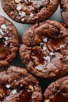 chocolate cookies with sea salt and caramel drizzled on the top one