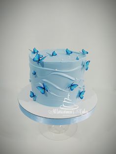 a blue cake with butterflies on it