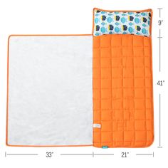 an orange and white quilted baby mat with the measurements for it's size