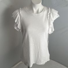 Another Love White Ruffle Sleeve Fitted T-Shirt. Essential Fun And Flirty Classic Style For Spring, Summer, Vacation. Nwt. Smoke Free Home Cotton Ruffle T-shirt With Flutter Sleeves, Cotton T-shirt With Ruffles And Flutter Sleeves, Casual Cotton Short Sleeve Top With Ruffle Sleeve, Casual Cotton Ruffle Sleeve Top, Casual Cotton Short Sleeve Top With Ruffle, White Ruffled Short Sleeve T-shirt, Ruffled Cotton Short Sleeve Top, Cotton Short Sleeve Top With Ruffle Sleeves, Ruffle Sleeve Cotton Top With Ruffles