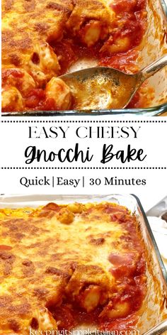 an easy cheesy gnocchi bake is shown in two separate pans