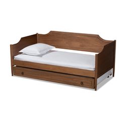 a wooden daybed with two drawers and a white pillow on the bottom bed side