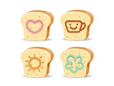 four pieces of bread with different types of food on them, one is toasted and the other has an image of a smiling face