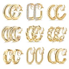 PRICES MAY VARY. 💗Clip on Hoop Earrings Set-One Order Include 9Pairs Silver/Gold Chunky Hoop Clip Earrings: Croissant Clip-On Earrings, Wide Clip-On Earrings, Square Clip-On Earrings, CZ Square Clip Earrings, etc. Geometric Chunky Hoop Earrings are Never Goes Out of Style, You Can Match Them as You Like, and Suitable for Daily Wear and Any Special Occasion. 💗Non Piercing Earring-This Gold Tone Clip On Earrings with A Lightweight Chunky Open Hoops Design. Perfect for Non-Pierced Ears, Suitable Earrings No Piercing, Clip On Hoop Earrings, Piercing Fake, Fake Earrings, Golden Hoops, Fake Jewelry, Chunky Hoop Earrings, Gold Clips, Estilo Punk