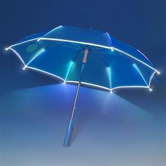 an umbrella with blue lights on it is lit up in the night sky and has a long handle