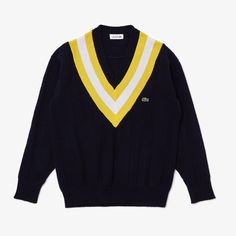 -Brand New With Tags Attached -Gorgeous Lacoste V-Neck Sweater Crafted In Ethical Wool With A Trendy Cut And Ribbed Finishes -Responsible 100% Wool Rib -Thick Ribbed V-Neck And Thick Ribbed Finishes At Wristbands And Bottom Of Garment -Contrast Knitted V-Shaped Bands -Embroidered Green Crocodile On Chest -Navy Blue / Yellow / White -Size 34 (Equivalent To A Size Small) Green Crocodile, Varsity Sweater, Wool Sweaters Womens, Lacoste Women, Beige Sweater, Sweater Sale, Wristbands, Sweater Making, Wool Sweater