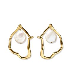 Formation Earrings in Pearl. Gold-plated brass abstract shape earrings with hanging freshwater pearl drops. Modern Gold Plated Pearl Drop Earrings, Modern Gold-plated Pearl Drop Earrings, Modern Gold Pearl Drop Earrings, Modern Gold Earrings With Pearl Pendant, Gold Elegant Pearl Earrings, Hoop Charms, Freshwater Pearls Earrings, Fine Earrings, Pearl Drop