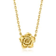 Ross-Simons - Italian 14kt Yellow Gold Rose Necklace. 16". RS Pure. Modern designs that complete your outfit and complement your personality. Stop and smell the roses with this tiny trending style! Crafted in 14kt yellow gold, our petite rose necklace is perfectly dainty on a classic cable chain with a 2" extender. Made in Italy. Springring clasp, 14kt yellow gold rose necklace. Yellow Gold Rose Design Necklace In 14k, 14k Yellow Gold Necklace With Rose Design, Rose Necklace Gold, Gold Rose Necklace, Stop And Smell The Roses, Smell The Roses, Rose Necklace, Rose Gold Necklace, Fine Jewellery Necklace