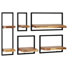 four black metal and wood shelves against a white background