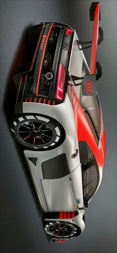 the top view of a car with red and white stripes