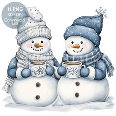 two snowmen are holding cups of coffee