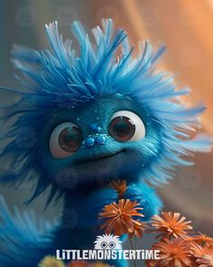 a blue furry animal with big eyes and long hair standing in front of some flowers