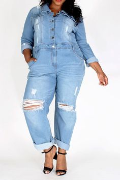 Relaxed fit denim jumpsuit in a relaxed fit with a rolled collar. Jumpsuit features button up closures, long sleeves, pockets on the front and back, ripped details, and wide legs. Coveralls For Women, Style Denim Jumpsuit, Collar Jumpsuit, Rolled Collar, Plus Size Denim, Fitted Jumpsuit, Jumpsuit With Sleeves, Jumpsuit Fashion, Wide Legs