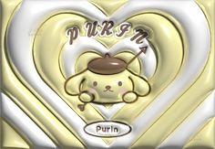 a yellow heart shaped frame with a small stuffed animal in the center and words purr on it