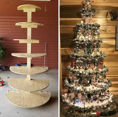 two pictures side by side one has a christmas tree and the other has a shelf