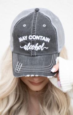 'May Contain Alcohol' Embroidered with Velcro Closing Professionally Embroidered with Industrial machine. Grey Distressed Trucker Hat. 80% cotton/20% polyester, Herringbone fabric 100% polyester mesh back Unstructured, six-panel, low-profile Pre-curved fray visor with contrasting undervisor Velcro closure May Contain Alcohol, Mandala Shirt, Custom Trucker Hats, Herringbone Fabric, Distressed Hat, Industrial Machine, Hand Crochet Baby Blanket, Hat Ideas, Unique Boutique