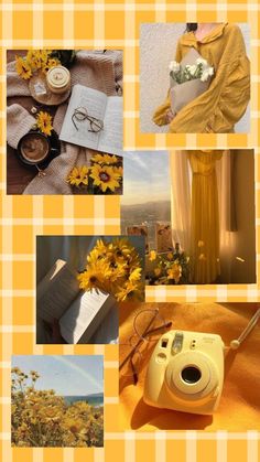 a yellow and white checkered table cloth with pictures of sunflowers, an old fashioned polaroid camera