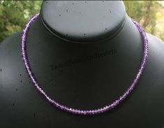 "Amethyst Beads Necklace, Natural Amethyst Jewelry Necklace, 3-4 mm Rondelle Faceted Beads, Amethyst Beaded Jewelry Necklace GEMSTONE:- AMETHYST, SIZE:- 3.5-4MM APPROX SHAPE:- RONDELLE FACETED LENGTH:- 18 INCHES - 40 INCHES COLOUR:- PURPLE QUALITY:- AAA GRADE This beautiful Amethyst faceted necklace features a natural, high-quality Amethyst gemstone pendant on a sterling silver chain. The pendant measures approximately 1 inch in length, and the chain measures 18 inches long, making it the perfect length to wear with a variety of outfits. The Amethyst gemstone is known for its beautiful purple color and is believed to have many healing properties. It is said to promote calmness, balance emotions, and enhance intuition, making it a perfect stone to wear for meditation or other spiritual prac Purple Rondelle Gemstone Beaded Necklaces, Purple Gemstone Rondelle Beaded Necklaces, Purple Rondelle Gemstone Bead Necklaces, Amethyst Crystal Necklaces With Polished Round Beads, Purple Rondelle Beaded Necklace With Faceted Beads, Purple Faceted Bead Necklaces, Purple Faceted Round Bead Necklaces, Purple Gemstone Beads For Gift, Beaded Amethyst Rondelle Jewelry