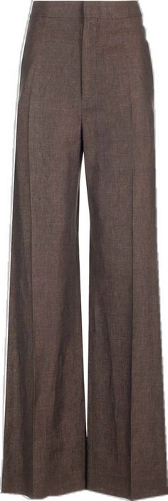 Linen Wide-leg Office Pants, Classic Brown Linen Pants, Classic Brown Linen Bottoms, Brown Wide Leg Pants With Welt Pockets, Brown Linen Pants For Work, Brown Linen Pants For Workwear, Brown Linen Workwear Bottoms, Brown Linen Wide Leg Bottoms, Brown Linen Bottoms For Work