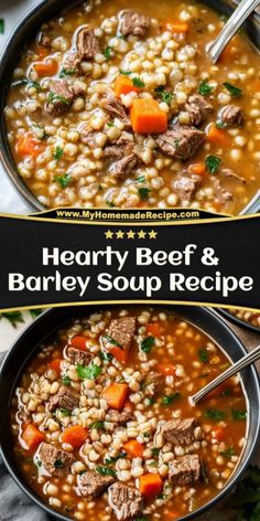 two bowls of hearty beef and barley soup