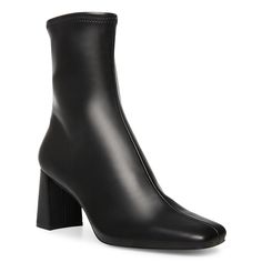 Pair up your jeans and midi dresses with these women's Steve Madden Hush black ankle booties for sophisticated and trendy looks. Crafted with vegan leather upper, these pant booties offer a sock-like fit and flaunt a square toe design with inside zipper closure. Features include textile and vegan leather lining and vegan leather sockliner for ultimate sustainable comfort, and a synthetic sole with chunky, sturdy block heel that offers style and comfort. | Steve Madden Women's Hush Ankle Bootie in Black Size 6 Medium Sleek Mid-calf Boots For Fall, Trendy Wide Calf Heeled Boots With Square Toe, Modern High Ankle Heeled Boots With Padded Ankle, Fall Fitted Heeled Boots With Square Toe, Fitted Square Toe Heeled Boots For Fall, Sleek Wide Calf Mid-calf Boots For Fall, Fall Square Toe Heeled Boots With Reinforced Heel, Sleek Winter Platform Boots With Block Heel, Sleek Winter Heeled Boots With Block Heel