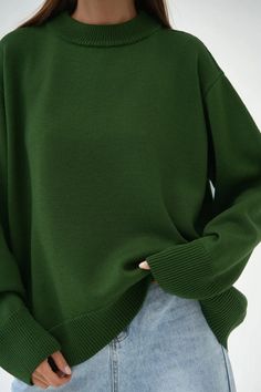 Crew Neck Knit Top With Ribbed Cuffs, Knit Crew Neck Top With Ribbed Cuffs, Green Soft Knit Cotton Sweater, Green Cotton Soft Knit Sweater, Winter Green Crew Neck Knit Top, Green Soft Knit Crew Neck Sweater, Green Crew Neck Knit Top For Winter, Green Textured Knit Sweater With Relaxed Fit, Green Relaxed Fit Textured Knit Sweater