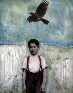 a painting of a boy standing in front of a bird flying over his head,