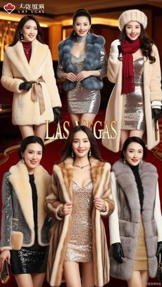 the girls are posing in their dresses and fur coats for an advertisement