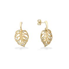 14K Yellow Gold Monstera Dangle Earrings with 0.34 Carats (total weight) of Pavé Diamonds. The earrings measure approximately 1" in total length. 14k Yellow Gold Pierced Diamond Earrings, Yellow Gold Dangle Earrings With Prong Setting, Yellow Gold Drop Earrings For Pierced Ears, Gold Plated Dangle Earrings With Prong Setting, Yellow Gold Sterling Silver Drop Diamond Earrings, 14k Gold Diamond Drop Earrings, Yellow Gold Plated Diamond Drop Earrings, Yellow Gold Drop Earrings With Prong Setting, Gold 14k Diamond Earrings