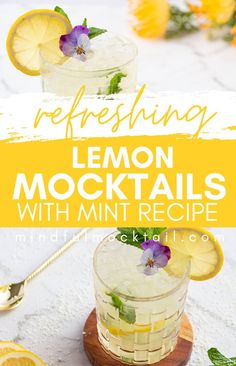 two glasses filled with lemon mojitas and garnished with flowers