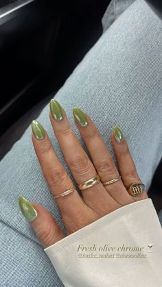 Olive green nails, spring nails, green nails, green chrome nails, green chrome, olive nails Green Nail Colours, Sage Green Glazed Nails, Olive Green Glitter Nails, Almond Nail Colors Summer, Pear Green Nails, Green Donut Glaze Nails, Olive Green Nails With Chrome, Miss Green Nails, Nail Aesthetic Summer