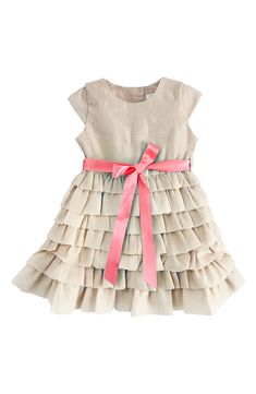 A contrasting bow offers sweeter styling in a special-occasion dress with a layered skirt for twirl-worthy appeal. 100% polyester Hand wash, line dry Imported Spring Ruffle Dress With Ruffled Skirt For Dress-up, Spring Tiered Skirt Dress For Dress-up Occasion, Spring Tiered Dress With Bow, Spring Tiered Ruffle Dress For Dress-up, Spring Tiered Ruffle Dress For Dress-up Events, Spring Tiered Skirt Dress With Bow, Spring Dress With Bow And Tiered Skirt, Tafetta Dress, Rompers Dressy