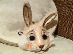 Paper mache rabbit mask bunny mask You are welcome to visit my other mask shop also https://www.etsy.com/shop/GreenMindedWolf Hare Mask, Paper Mache Rabbit, Mascara Papel Mache, Mask Rabbit, Raven Mask, Crow Mask, Rabbit Mask, Alice In Wonderland Diy, Paper Mache Mask