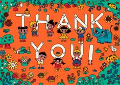 an orange thank you card with cartoon characters on it and the words, thank you