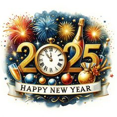 a happy new year card with fireworks and a clock in the middle that says, 205 happy new year