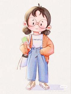 a drawing of a girl with glasses holding a cell phone and looking at the camera