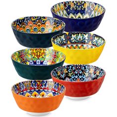 six colorful bowls with designs on them