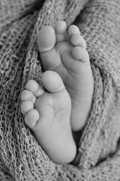 a black and white photo of a baby's feet in a knitted blanket