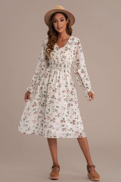 White Floral Printed Long Sleeve V Neck Holiday Midi Dress - Petallush Cream Long Sleeve Midi Dress With Floral Print, White V-neck Midi Dress With Floral Print, White Floral Print V-neck Midi Dress, White Embroidered Dress With Floral Print, Midi Length, White Floral Print Midi Dress With 3/4 Sleeves, Simple Midi Dress, Shower Dress For Bride, Summer Dresses Knee Length, Long Sleeve Summer Dress