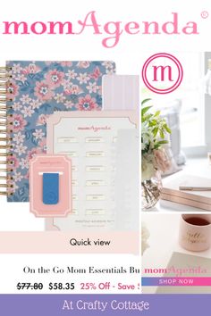 the mom agenda flyer is shown with pink and blue flowers, notebooks, and other items