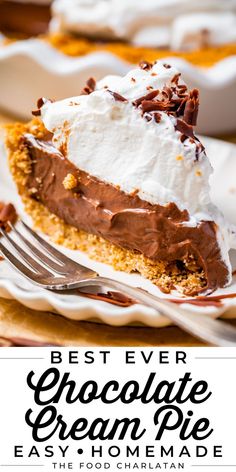 easy chocolate cream pie recipe with graham cracker crust and whipped cream. Homemade Chocolate Cream Pie, Best Chocolate Cream Pie, Chocolate Cream Pies, Crumb Crust, The Food Charlatan, Pie Easy