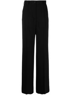 Black virgin wool high-waisted wide-leg trousers from DOLCE & GABBANA featuring tonal design, high waist, front button and zip fastening, belt loops, two side slit pockets, pressed crease and two rear welt pockets. | Dolce & Gabbana High-Waisted Wide-Leg Trousers College Dress Code, Black School Trousers, Cargo Leggings, Prom Outfit, Disco Fashion, Womens Black Pants, Black Wide Leg Trousers, Prom Outfits, Dolce E Gabbana