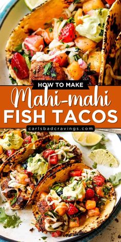 Want more healthy meals for dinner? Learn how to make Mahi Mahi Fish Tacos! Whether cooked on the stovetop, grilled, or baked, this fish taco recipe is perfect. Complete with strawberry pineapple slaw and avocado crema, this healthy dinner idea is sure to impress!