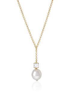 The Bella pearl necklace features a hand set freshwater baroque pearl and step cut white topaz, a staple in V jewellery and a nod to our Art Deco inspiration. The perfect bridal necklace that sits beautifully on an open décolletage or gift for those celebrating your big day and beyond. Set on a 18 carat yellow gold vermeil chain complete with the signature V by Laura Vann logo tag. Please note as this necklace contains a natural baroque pearl, the shape may differ slightly to the one shown in the images provided. Chain size: 16" + 2" extender. Height: Approx. 18mm. Width: Approx 8.5mm. Material: 18ct Gold Vermeil. Stone type and amount: Baroque Pearl & White Topaz. Art Deco Inspiration, Baroque Pearl Necklace, Spring Makeup, Cap Fashion, Step Cut, Body Makeup, Logo Tag, Mom Necklace, Bridal Necklace