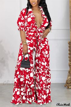 Olivia Mark - Floral Patchwork Print Smocking Two-Piece Set with V-Neck and Half Sleeves V-neck Jumpsuits And Rompers With Smocked Back For Vacation, Red Printed V-neck Jumpsuits And Rompers, Red V-neck Jumpsuits And Rompers, Casual Red Ruffled Jumpsuits And Rompers, Casual Red Jumpsuits And Rompers With Ruffles, Beach V-neck Jumpsuits And Rompers With Smocked Back, Vacation V-neck Jumpsuits And Rompers With Smocked Back, Red Floral Print Short Sleeve Jumpsuits And Rompers, Fitted V-neck Jumpsuits And Rompers With Smocked Back