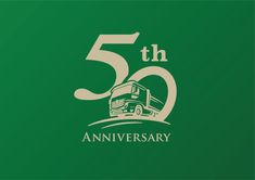 the 50th anniversary logo is shown on a green background with an image of a bus